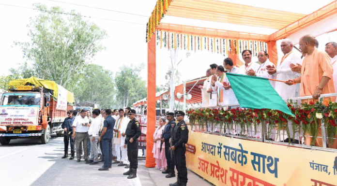 UP CM Yogi Sends 48 Trucks of Relief Supplies to Flood-Hit States UP CM Yogi flags of 48 trucks of relief materials to flood-affected states