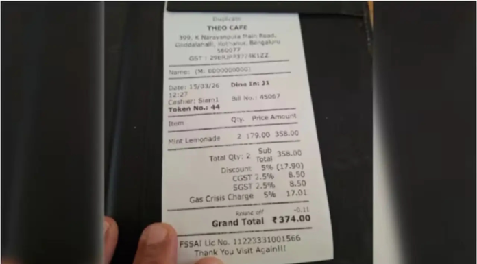 Bengaluru Cafe Charges 5% ‘gas Crisis’ Fee On Lemonade Amid LPG Supply Shortage, Receipt Goes Viral A user shared the receipt of the lemonade from the Theo Cafe in Bengaluru.