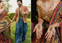Lakshmi Motif To Mininmal Design, All About Rashmika-Vijay’s Radha-Krishna Style Mehendi Ceremony Rashmika Mandanna’s mehendi look featured a stunning Lakshmi motif dupatta custom-designed by Delhi-based designer Karan Torani.