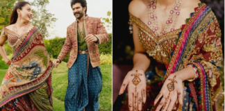Lakshmi Motif To Mininmal Design, All About Rashmika-Vijay’s Radha-Krishna Style Mehendi Ceremony Rashmika Mandanna’s mehendi look featured a stunning Lakshmi motif dupatta custom-designed by Delhi-based designer Karan Torani.