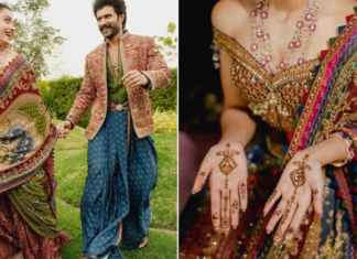 Lakshmi Motif To Mininmal Design, All About Rashmika-Vijay’s Radha-Krishna Style Mehendi Ceremony Rashmika Mandanna’s mehendi look featured a stunning Lakshmi motif dupatta custom-designed by Delhi-based designer Karan Torani.