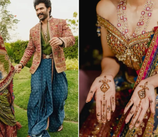 Lakshmi Motif To Mininmal Design, All About Rashmika-Vijay’s Radha-Krishna Style Mehendi Ceremony Rashmika Mandanna’s mehendi look featured a stunning Lakshmi motif dupatta custom-designed by Delhi-based designer Karan Torani.