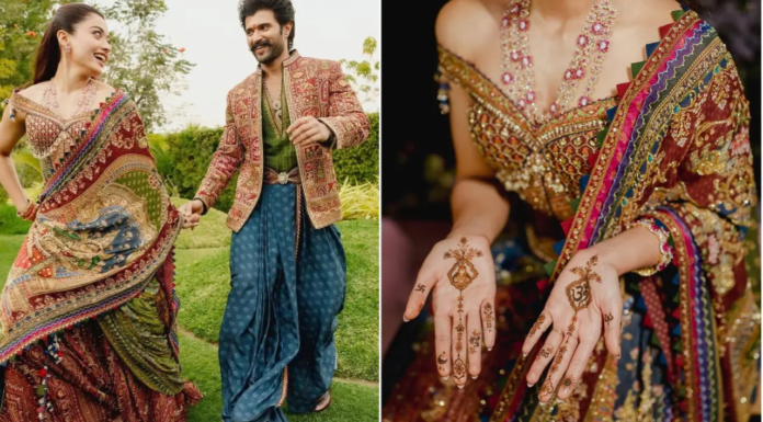 Lakshmi Motif To Mininmal Design, All About Rashmika-Vijay’s Radha-Krishna Style Mehendi Ceremony Rashmika Mandanna’s mehendi look featured a stunning Lakshmi motif dupatta custom-designed by Delhi-based designer Karan Torani.