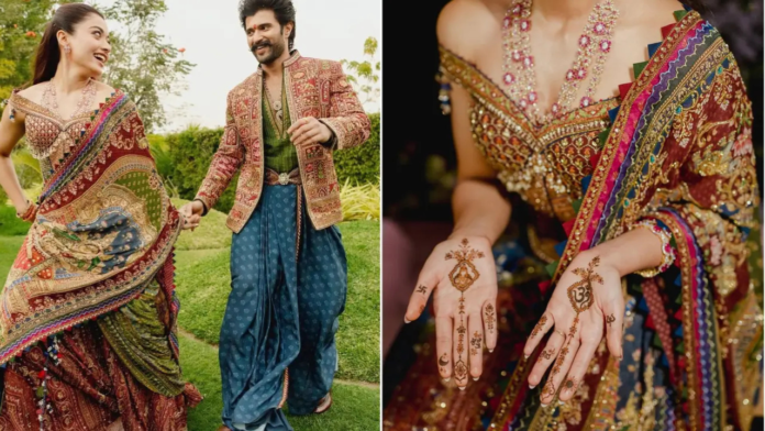 Rashmika Mandanna’s mehendi look featured a stunning Lakshmi motif dupatta custom-designed by Delhi-based designer Karan Torani.