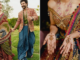 Lakshmi Motif To Mininmal Design, All About Rashmika-Vijay’s Radha-Krishna Style Mehendi Ceremony Rashmika Mandanna’s mehendi look featured a stunning Lakshmi motif dupatta custom-designed by Delhi-based designer Karan Torani.