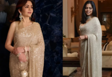 Nita Ambani Rewears Daughter Isha Ambani’s Sabyasachi Saree At Screen Awards 2026 Nita Ambani paired the saree with a sleeveless satin blouse and a remarkable 101.41-carat pear-shaped diamond ring linked to the famed Juno Diamond.