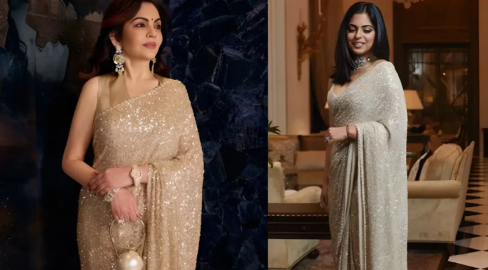 Nita Ambani Rewears Daughter Isha Ambani’s Sabyasachi Saree At Screen Awards 2026 Nita Ambani paired the saree with a sleeveless satin blouse and a remarkable 101.41-carat pear-shaped diamond ring linked to the famed Juno Diamond.