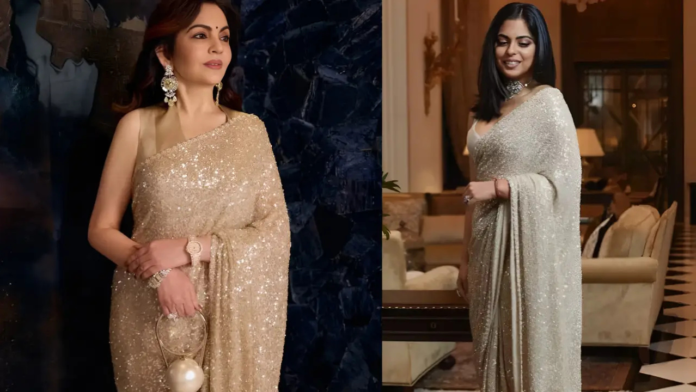 Nita Ambani paired the saree with a sleeveless satin blouse and a remarkable 101.41-carat pear-shaped diamond ring linked to the famed Juno Diamond.