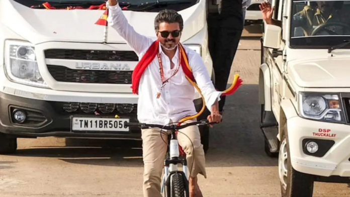 Thalapathy Vijay In the video, that is widely circulating in internet, Thalapathy Vijay can be seen cycling in Kanniyakumari as part of his campaign.
