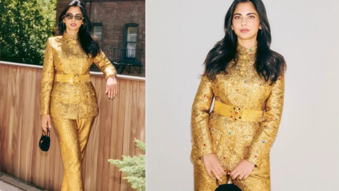 Isha Ambani Isha Ambani, who is known for her classy looks, has showcased her golden girl look with this outfit.