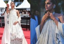 Pakistani Star Sanam Saeed Turns Heads At Cannes 2026 In Stunning Peacock-Inspired Outfit The outfit was designed with a high-neck halter style detail and a deep neck at the back.