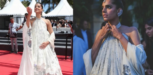 Pakistani Star Sanam Saeed Turns Heads At Cannes 2026 In Stunning Peacock-Inspired Outfit The outfit was designed with a high-neck halter style detail and a deep neck at the back.