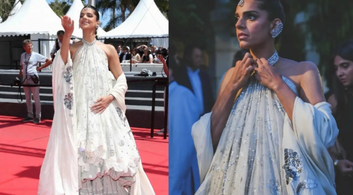 Pakistani Star Sanam Saeed Turns Heads At Cannes 2026 In Stunning Peacock-Inspired Outfit The outfit was designed with a high-neck halter style detail and a deep neck at the back.