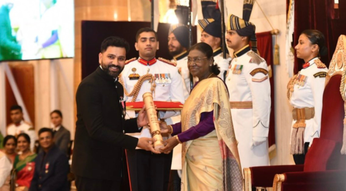 President Droupadi Murmu Confers Padma Shri Award Upon Rohit Sharma President Droupadi Murmu conferred the Padma Shri award upon Rohit Sharma—the legendary Indian batsman and World Cup-winning captain—on June 23.