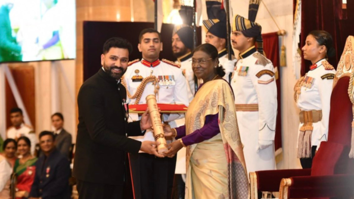 Rohit Sharma President Droupadi Murmu conferred the Padma Shri award upon Rohit Sharma—the legendary Indian batsman and World Cup-winning captain—on June 23.