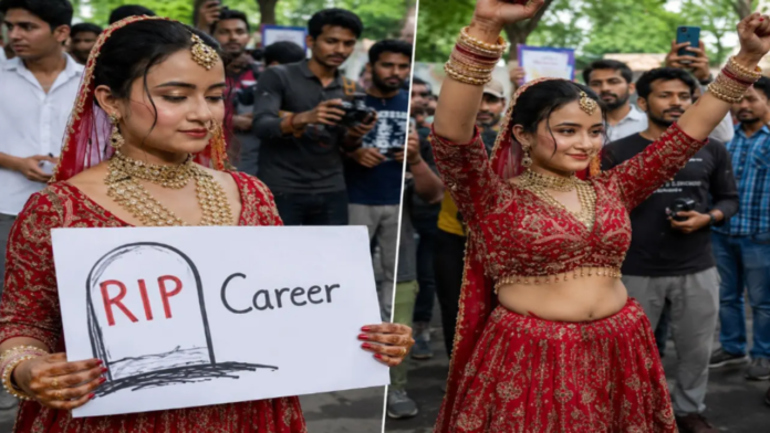 Untitled design - 2026-07-25T150128.925 Protester in Bridal Wear Draws Crowds at Jantar Mantar, Demands Dharmendra Pradhan's Resignation