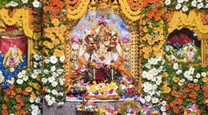 Maa Katyayani Adorned in Kanjeevaram Saree, Blesses Devotees from Flower-Decorated Shrine