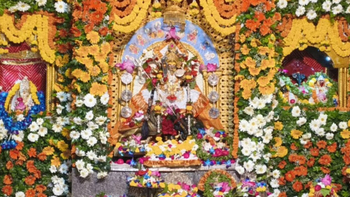 Maa Katyayani Adorned in Kanjeevaram Saree, Blesses Devotees from Flower-Decorated Shrine