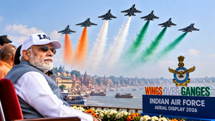PM Modi Witnesses IAF’s Aerial Power Over Ganga as Sukhoi, Rafale and Tejas Dazzle Varanasi