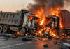 Uttar Pradesh: Massive Road Accident in Agra, Dumper and Container Catch Fire After Collision