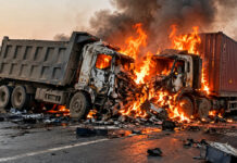 Uttar Pradesh: Massive Road Accident in Agra, Dumper and Container Catch Fire After Collision