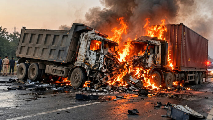 Uttar Pradesh: Massive Road Accident in Agra, Dumper and Container Catch Fire After Collision